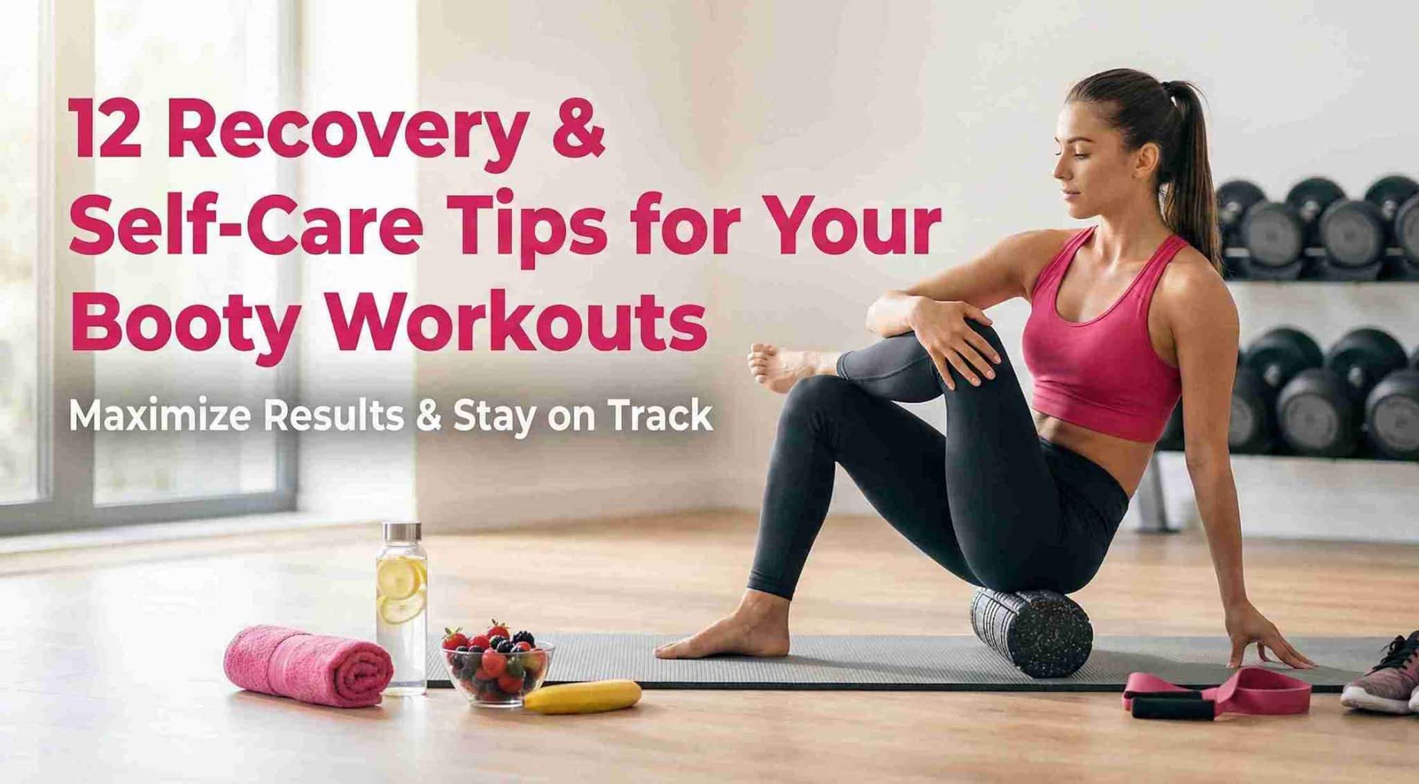 Woman foam rolling her glutes for post-workout recovery, illustrating self-care tips for booty workouts with healthy food and hydration nearby.