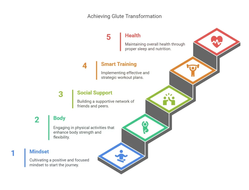 Staircase infographic titled Achieving Glute Transformation detailing five progressive steps for success: 1. Mindset cultivating positive focus, 2. Body enhancing strength and flexibility, 3. Social Support building a network, 4. Smart Training strategic workout plans, and 5. Health maintaining sleep and nutrition.