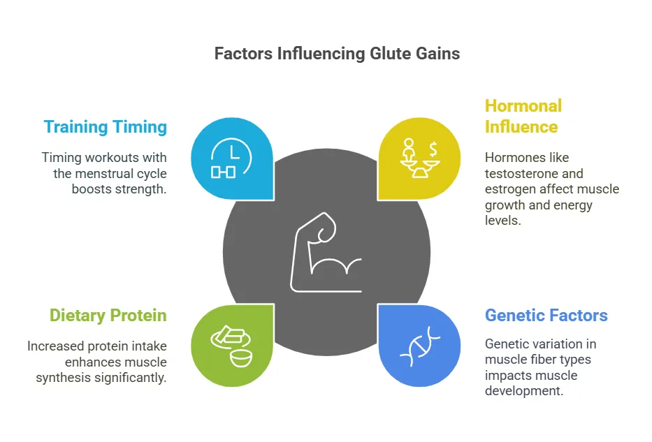 Infographic titled Factors Influencing Glute Gains illustrating four key components for muscle growth Training Timing menstrual cycle alignment, Hormonal Influence testosterone and estrogen, Dietary Protein muscle synthesis, and Genetic Factors muscle fiber variation.