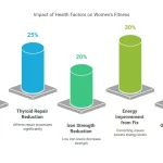 3D cylinder chart titled Impact of Health Factors on Women's Fitness displaying the percentage impact of five health variables: Energy Improvement from Fix 30%, Thyroid Repair Reduction 25%, Iron Strength Reduction 20%, Growth Hormone Increase 20%, and Thyroid Metabolism Reduction 15%.