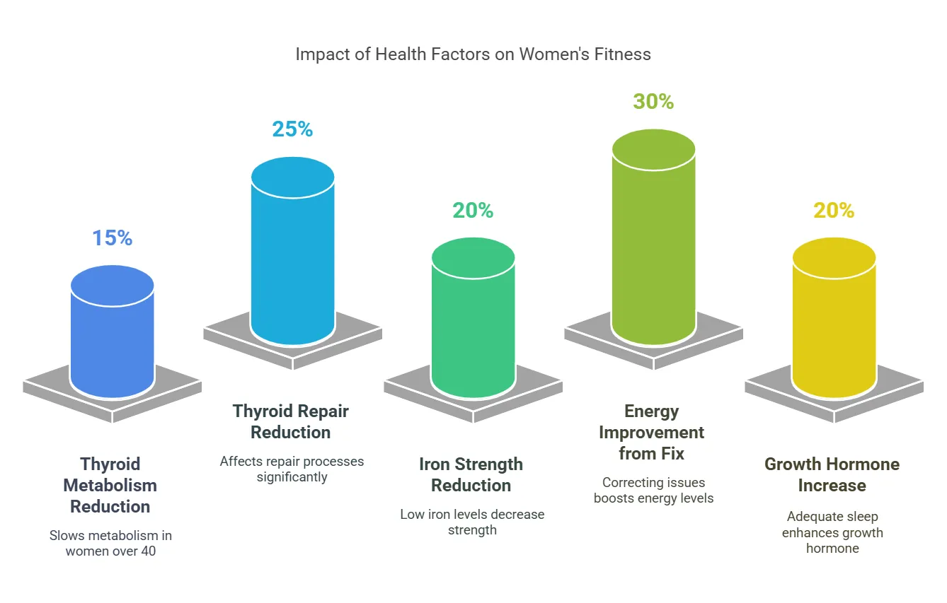 3D cylinder chart titled Impact of Health Factors on Women's Fitness displaying the percentage impact of five health variables: Energy Improvement from Fix 30%, Thyroid Repair Reduction 25%, Iron Strength Reduction 20%, Growth Hormone Increase 20%, and Thyroid Metabolism Reduction 15%.