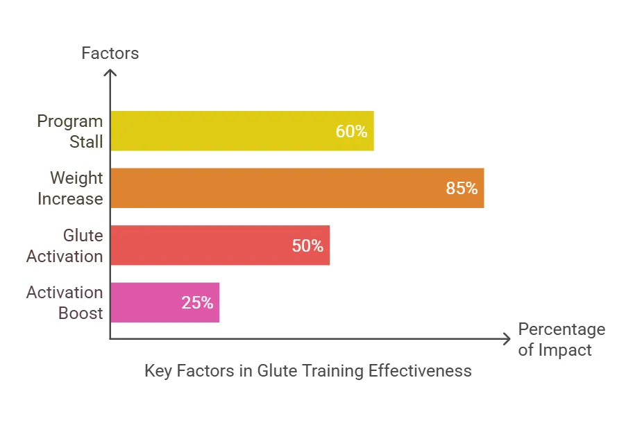 Bar chart titled Key Factors in Glute Training Effectiveness illustrating the percentage impact of training variables: Weight Increase 85%, Program Stall 60%, Glute Activation 50%, and Activation Boost 25%.