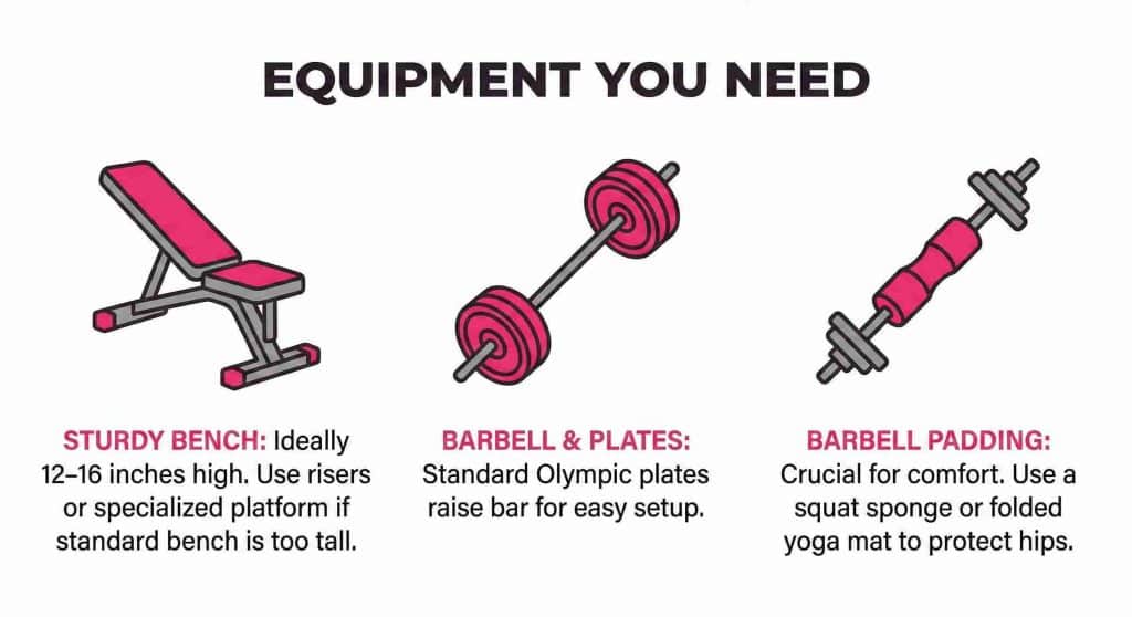 Equipment needed for barbell hip thrust exercise including bench, barbell plates, and padding