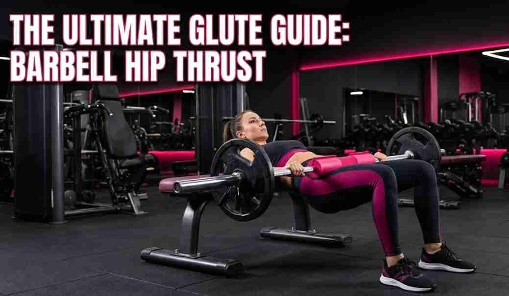 Woman performing barbell hip thrust exercise for glute strength and muscle growth in gym