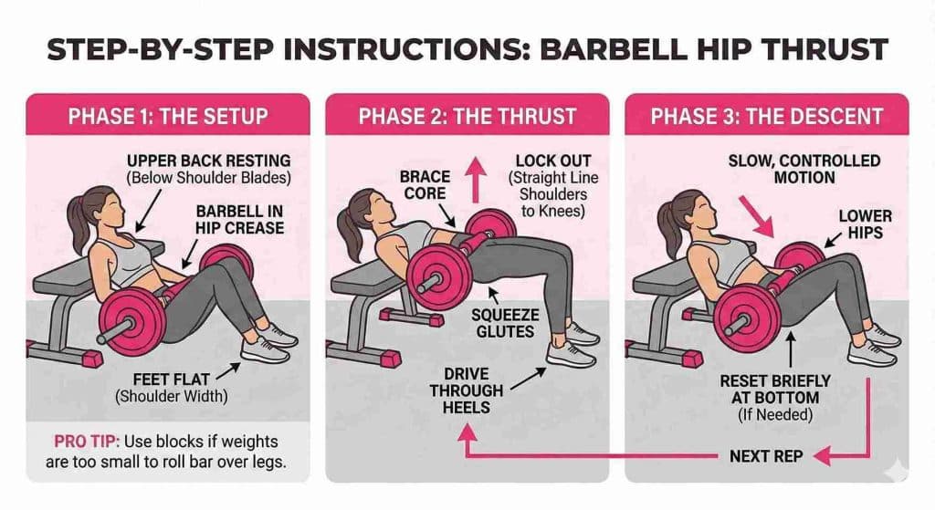 Step-by-step barbell hip thrust instructions showing setup, thrust, and descent phases