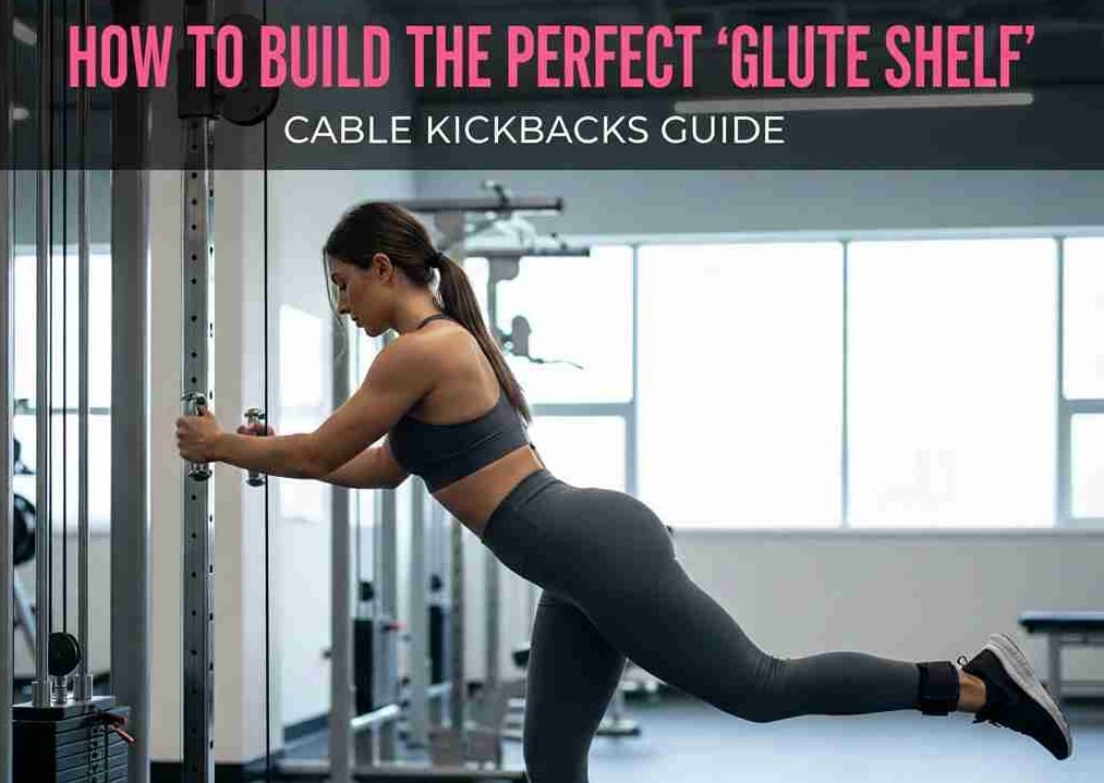 Woman in a gym performing cable kickbacks with an ankle strap to build the upper glute shelf.