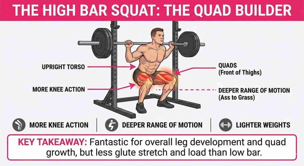Infographic detailing the high bar squat as a quad builder, showing the upright torso, increased knee action, and deeper range of motion that targets the front of the thighs.