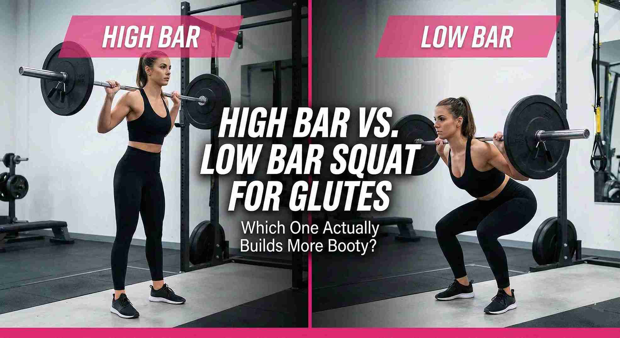 Side-by-side comparison of High Bar vs Low Bar Squat form showing the difference in torso angle and bar placement for maximum glute growth.