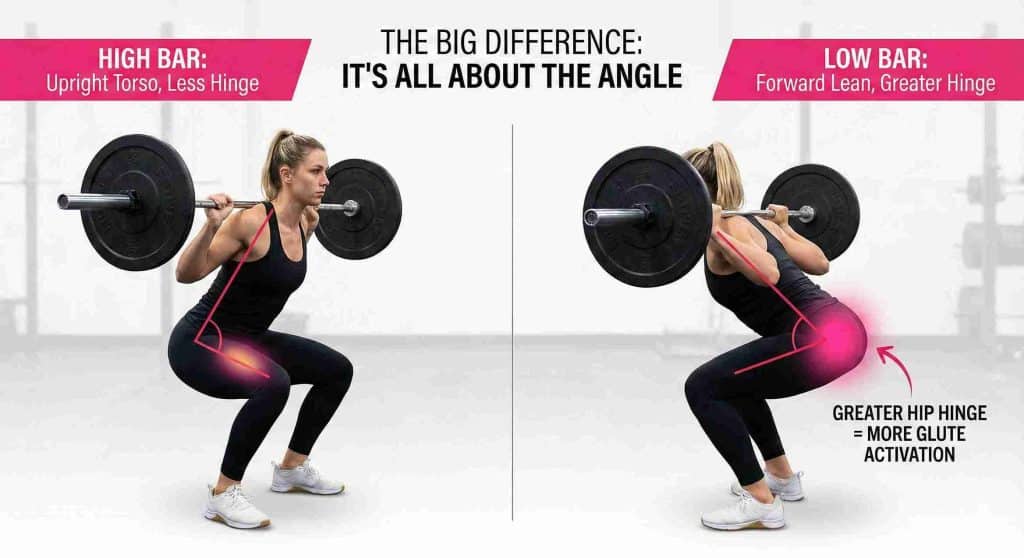 Diagram comparing the torso angle in high bar vs low bar squats, highlighting the greater hip hinge and glute activation caused by the forward lean in the low bar position.