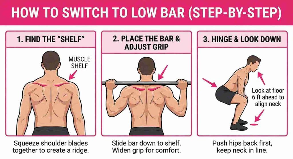 Step-by-step illustration on how to switch to a low bar squat, showing how to find the rear delt shelf, correct bar placement, and the proper hip hinge movement.