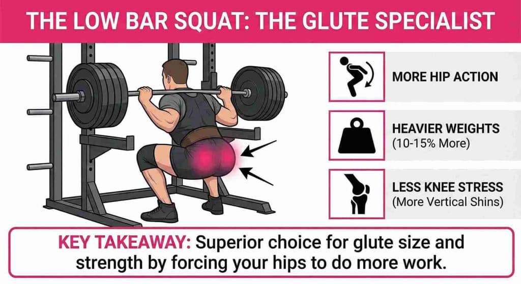 Infographic illustrating why the low bar squat is better for glutes, highlighting key benefits such as more hip action, heavier weight capacity, and less knee stress.