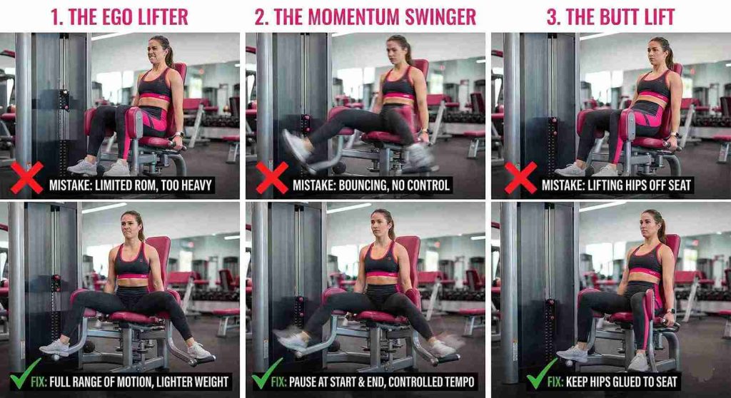 Infographic showing 3 common seated hip abduction mistakes - the ego lifter, momentum swinger, and butt lift - along with the correct form fixes for each.