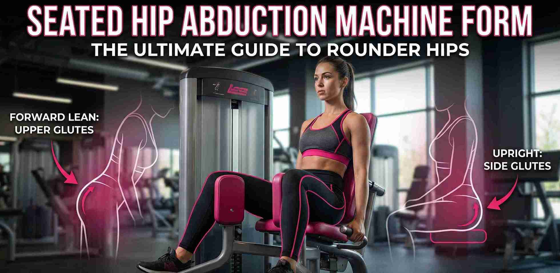 Seated hip abduction machine form guide showing a woman on the machine, with diagrams comparing the forward lean for upper glutes versus the upright position for side glutes.