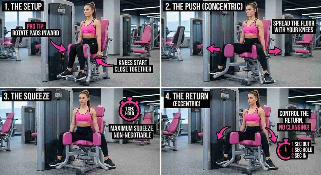 4-step visual guide for perfect seated hip abduction form, illustrating the setup with inward pads, the concentric push, the 1-second isometric squeeze, and the controlled eccentric return.
