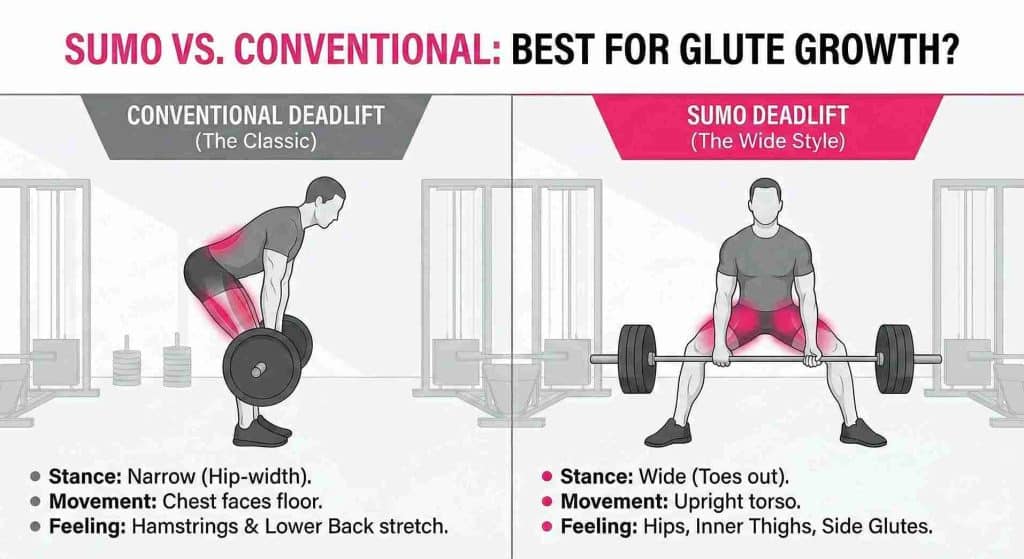 Sumo Deadlift vs Conventional : Featured image displaying the title 'Sumo vs. Conventional: Best for Glute Growth?' in bold text against a modern gym background with neon pink lighting and barbell equipment, illustrating the comparison between deadlift styles for glute development.