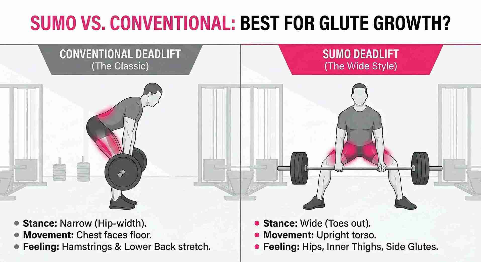 Featured image displaying the title 'Sumo vs. Conventional: Best for Glute Growth?' in bold text against a modern gym background with neon pink lighting and barbell equipment, illustrating the comparison between deadlift styles for glute development.