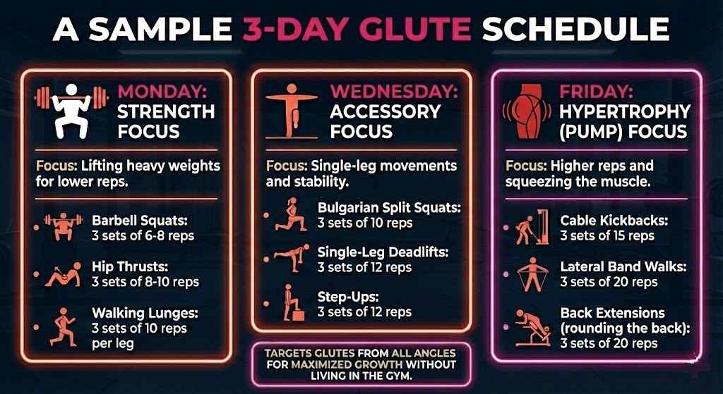 Infographic titled 'A SAMPLE 3-DAY GLUTE SCHEDULE' outlining a weekly workout plan. It includes specific exercises, sets, and reps for Monday (Strength Focus), Wednesday (Accessory Focus), and Friday (Hypertrophy Pump Focus), designed to target glutes from all angles.