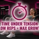 Woman performing barbell hip thrusts in a gym with pink lighting to demonstrate time under tension for glute growth, featuring a stopwatch graphic and text 'Slow Reps = Max Growth'