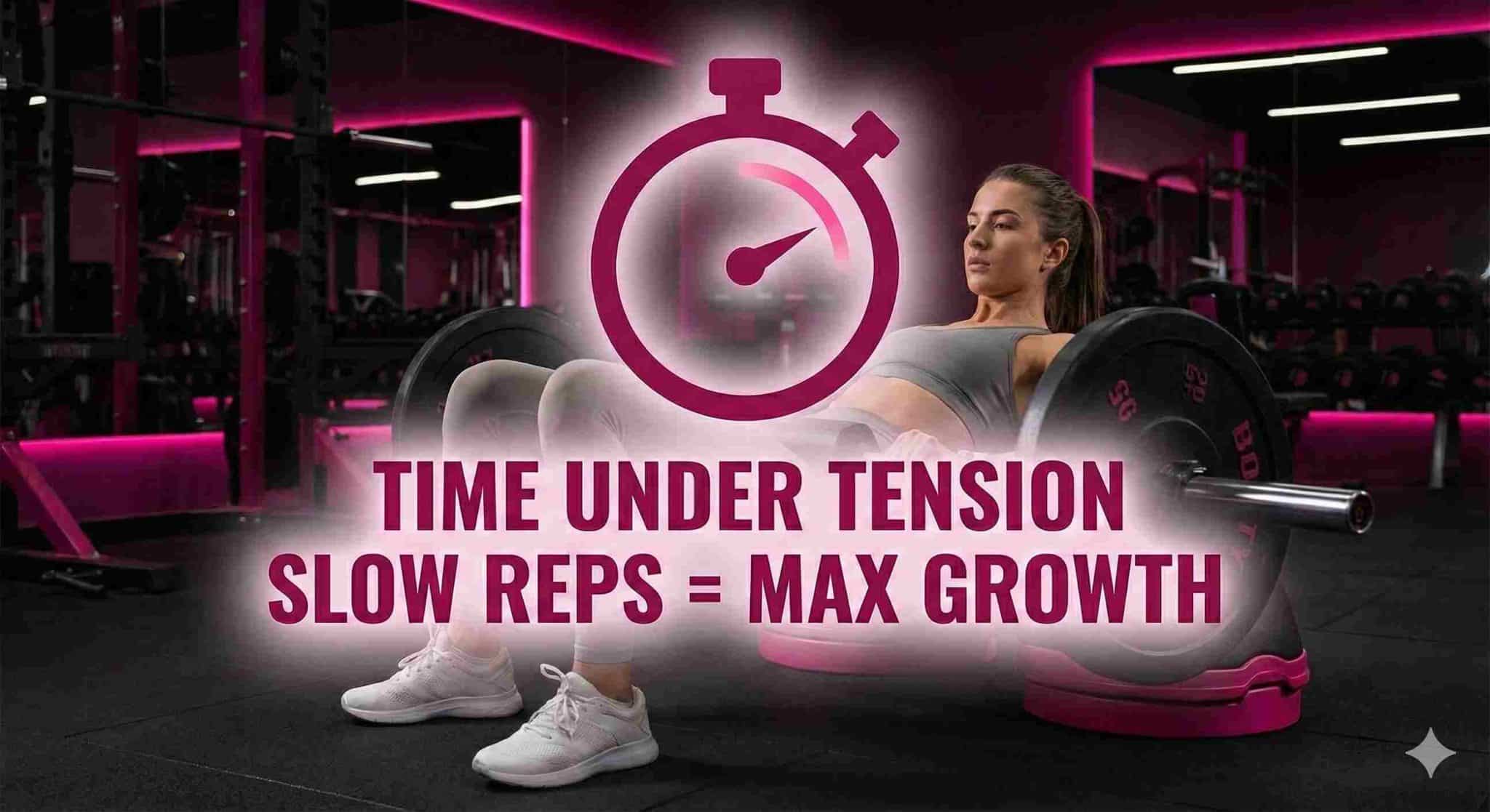 Woman performing barbell hip thrusts in a gym with pink lighting to demonstrate time under tension for glute growth, featuring a stopwatch graphic and text 'Slow Reps = Max Growth'