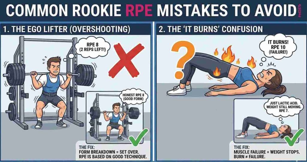 Infographic detailing two common RPE mistakes: the Ego Lifter who ignores form breakdown, and the Burn Confusion where lactic acid burn is mistaken for actual muscle failure