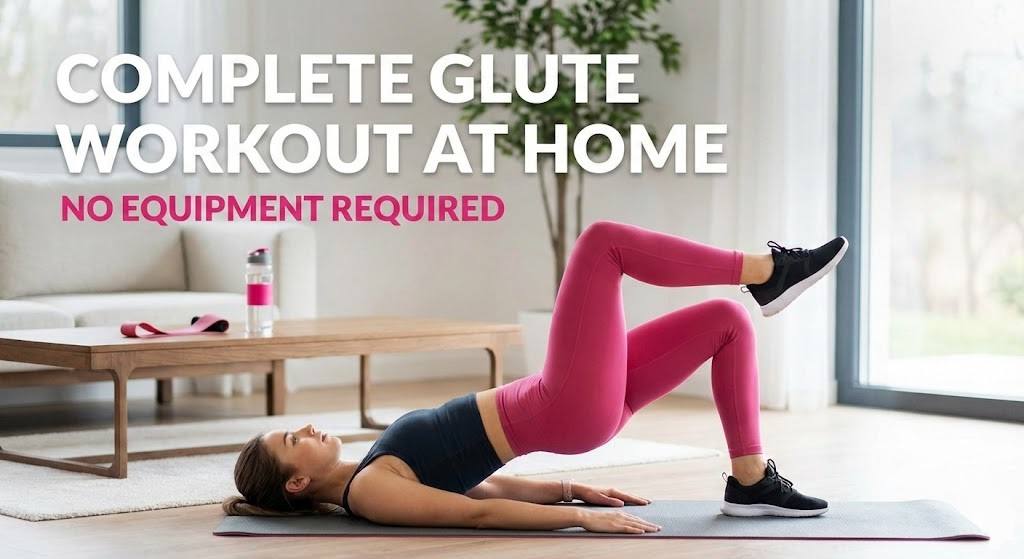 Woman performing a single-leg glute bridge exercise for a complete at-home glute workout with no equipment required.