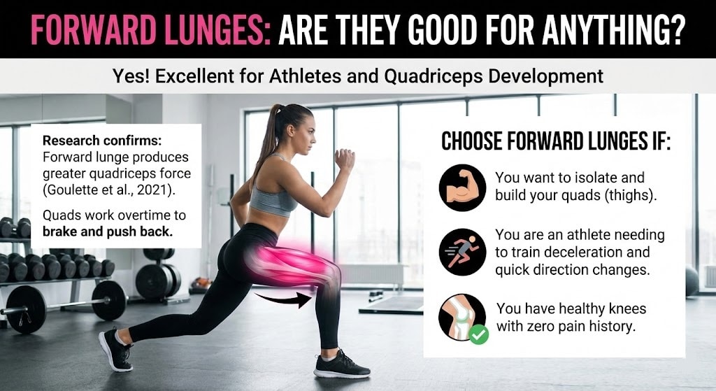 Infographic titled 'Forward Lunges: Are They Good For Anything?' showing a woman performing a lunge with highlighted quadriceps muscles. Text explains they are excellent for athletes and quad development, listing three reasons to choose them: isolating thigh muscles, training deceleration for sports, and having healthy knees with zero pain history.