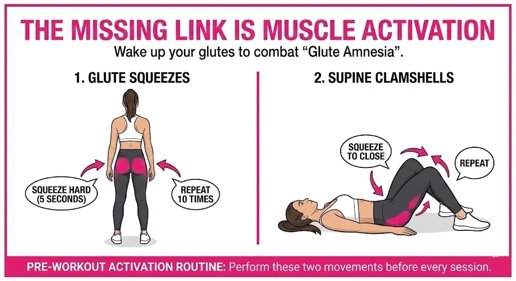 Woman performing pre-workout glute activation exercises like supine clamshells to fix glute amnesia and establish mind-muscle connection.
