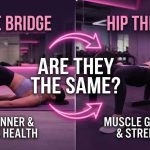 Side-by-side comparison image of the Glute Bridge exercise (Beginner & Back Health) on the left and the Hip Thrust exercise (Muscle Growth & Strength) on the right, illustrating the differences in form and purpose for glute training, from BootyCenter.com.