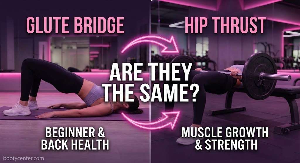 Side-by-side comparison image of the Glute Bridge exercise (Beginner & Back Health) on the left and the Hip Thrust exercise (Muscle Growth & Strength) on the right, illustrating the differences in form and purpose for glute training, from BootyCenter.com.