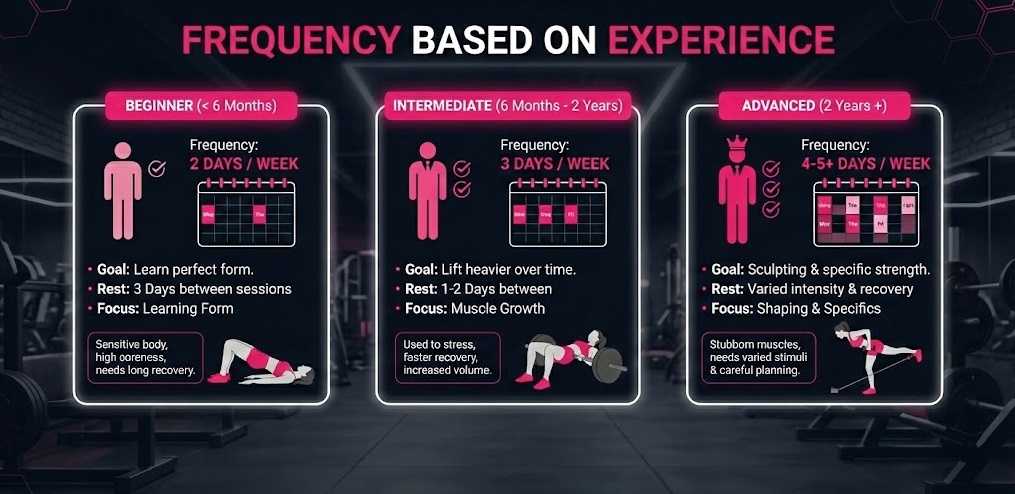 Infographic illustrating recommended glute training frequency, rest days, and focus goals for Beginner (2 days/week), Intermediate (3 days/week), and Advanced (4-5+ days/week) experience levels, with corresponding glute exercise examples.