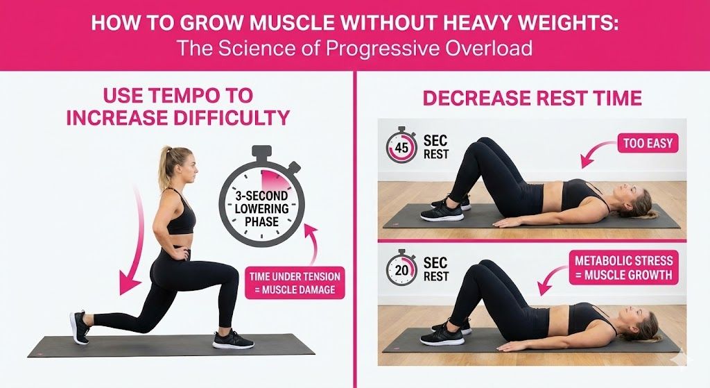 Woman utilizing tempo and time under tension to achieve progressive overload during a bodyweight glute workout.