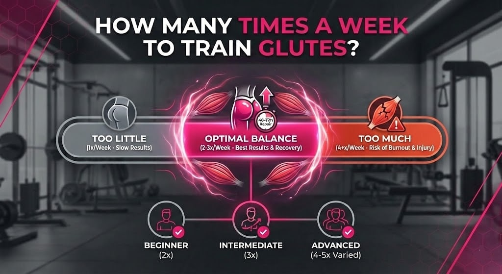 Infographic showing the optimal glute training frequency of 2-3 times per week for best results, comparing beginner, intermediate, and advanced workout schedules.