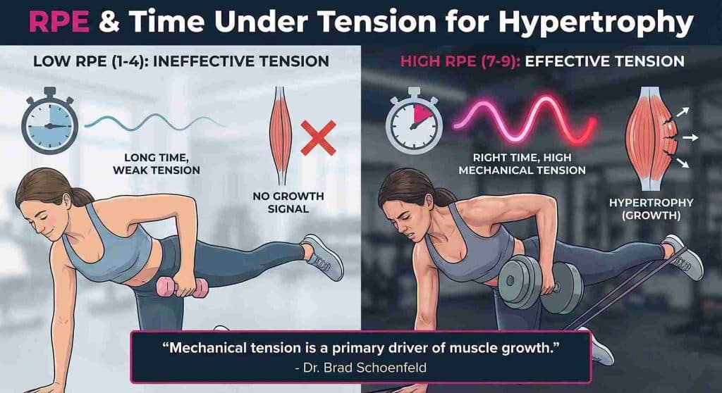 Visual diagram comparing ineffective low RPE sets against high RPE 7 to 9 sets that trigger mechanical tension and glute growth
