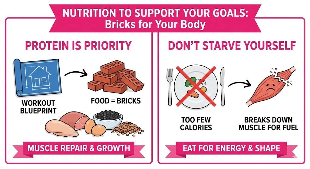 Infographic illustrating nutrition for muscle growth, emphasizing protein for muscle repair and sufficient calories to prevent muscle breakdown.