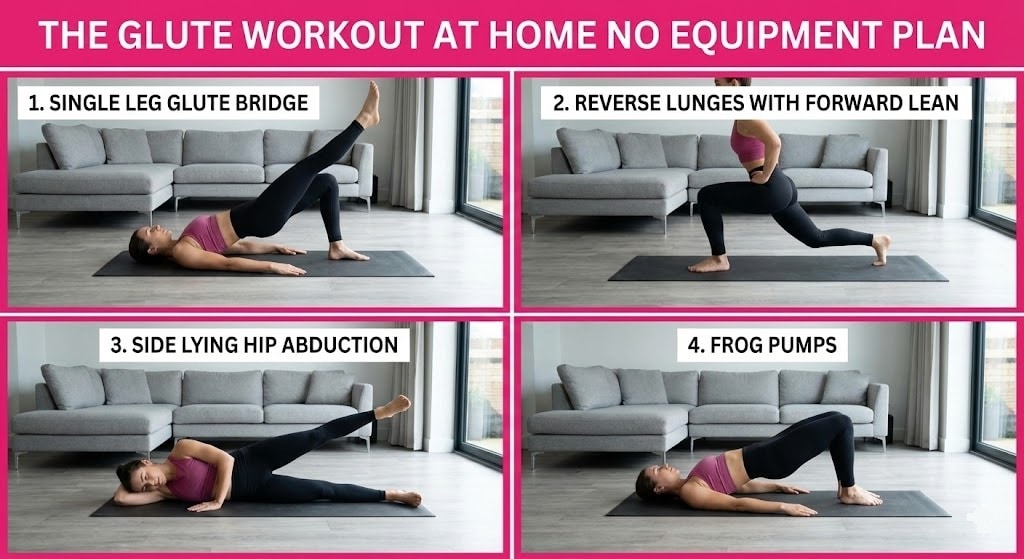 Woman demonstrating bodyweight exercises like the single-leg glute bridge for the complete no-equipment glute workout plan.