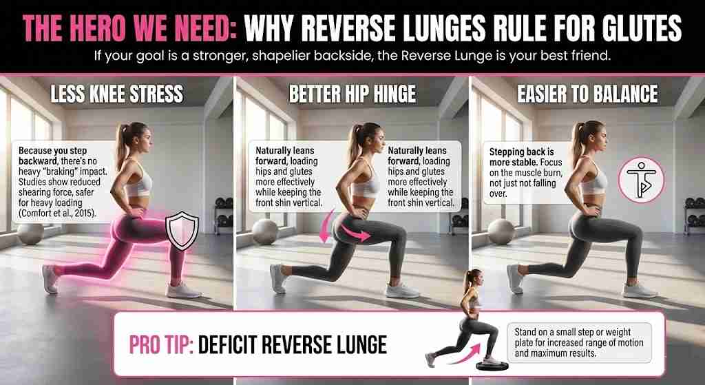 Infographic titled 'The Hero We Need: Why Reverse Lunges Rule For Glutes' illustrating three key benefits: Less Knee Stress due to reduced braking impact, Better Hip Hinge for effective glute loading, and Easier to Balance for stability. It includes a Pro Tip on performing a Deficit Reverse Lunge on a step for increased range of motion.