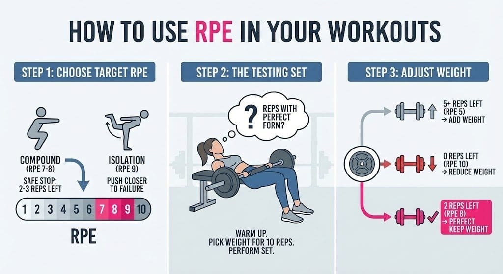 Minimalist flowchart showing how to adjust weight for hip thrusts based on RPE: add weight if too light at RPE 5, reduce if too heavy at RPE 10, or keep if perfect at RPE 8