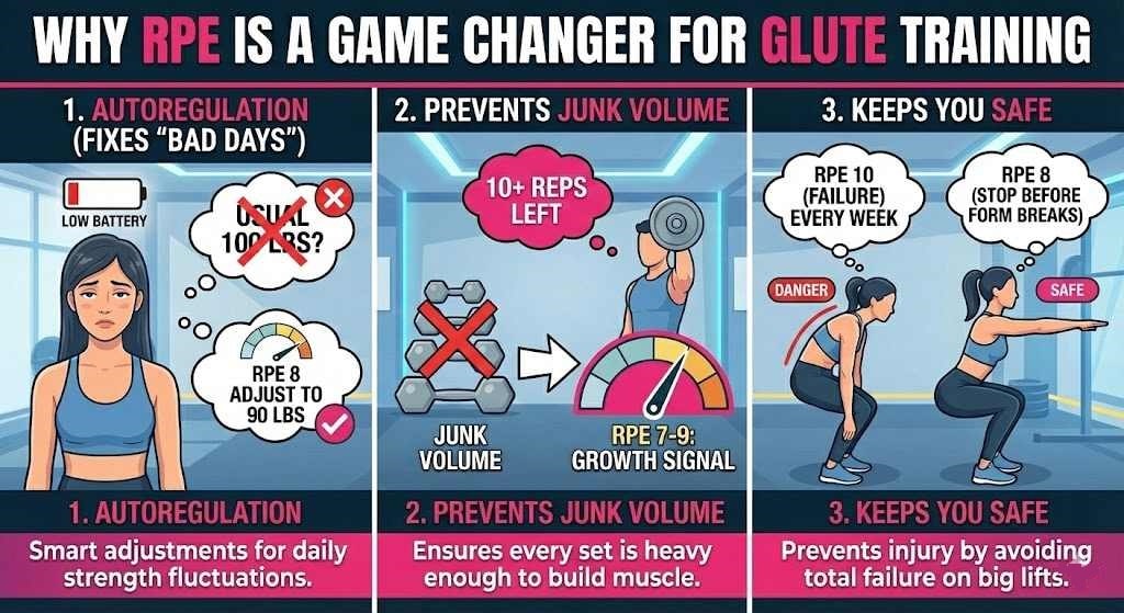Infographic showing RPE autoregulation benefits for glute training
