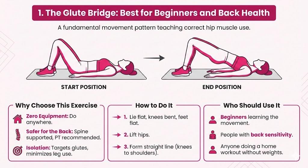 1. The Glute Bridge: Best for Beginners and Back Health" showing a person demonstrating the exercise with a start and end position. Below are three columns: "Why Choose This Exercise" with benefits like zero equipment and back safety; "How to Do It" with three steps; and "Who Should Use It" listing target groups, all with accompanying icons in a pink and white color scheme.