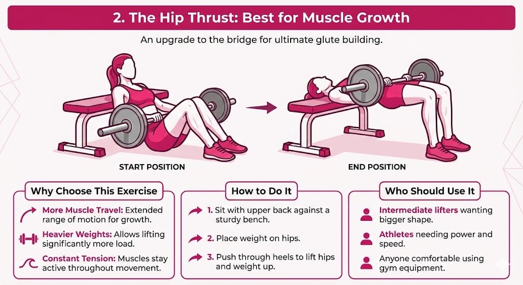 2. The Hip Thrust: Best for Muscle Growth" with illustrations of a person performing a barbell hip thrust, showing the "START POSITION" sitting against a bench and the "END POSITION" with hips lifted. It includes three sections: "Why Choose This Exercise" detailing benefits like more muscle travel and heavier weights; "How to Do It" with three steps; and "Who Should Use It" listing target groups like intermediate lifters and athletes. The entire infographic uses a pink and white color scheme with icons.