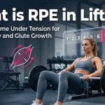 What is RPE in Lifting" showing a woman performing hip thrusts with a visual RPE scale overlay highlighting reps in reserve and time under tension for hypertrophy.