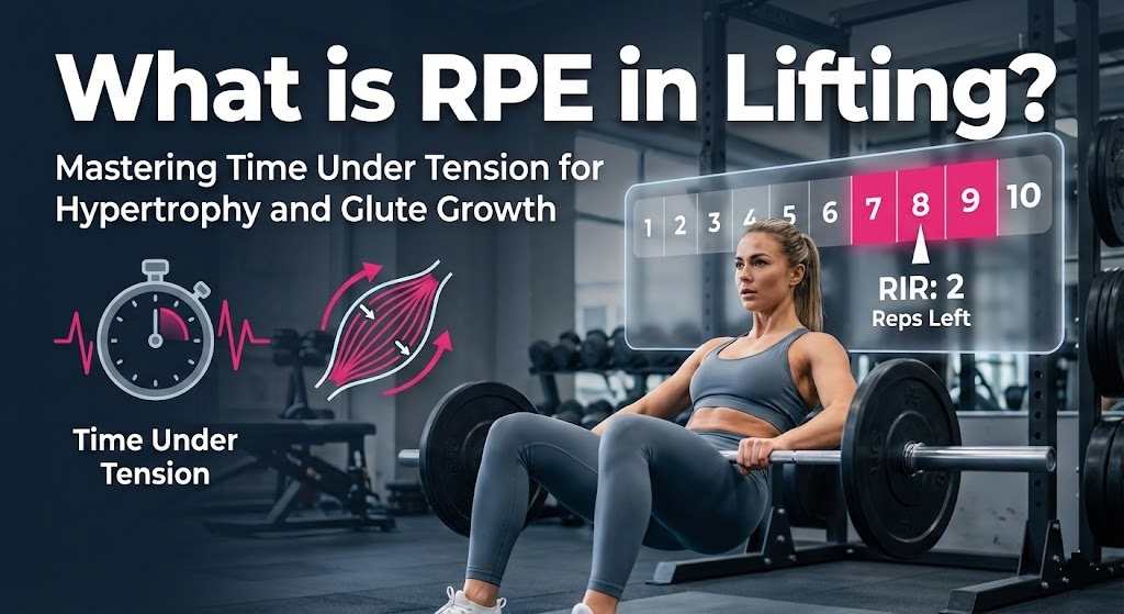 What is RPE in Lifting" showing a woman performing hip thrusts with a visual RPE scale overlay highlighting reps in reserve and time under tension for hypertrophy.