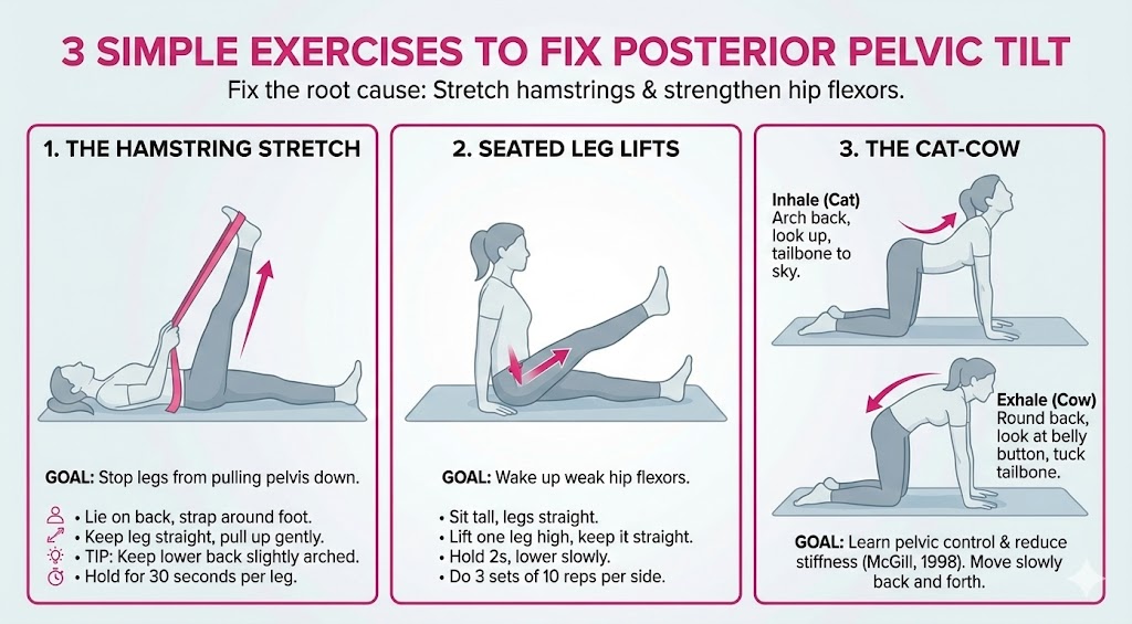 Infographic titled '3 SIMPLE EXERCISES TO FIX POSTERIOR PELVIC TILT' detailing instructions and illustrations for The Hamstring Stretch, Seated Leg Lifts, and The Cat-Cow.