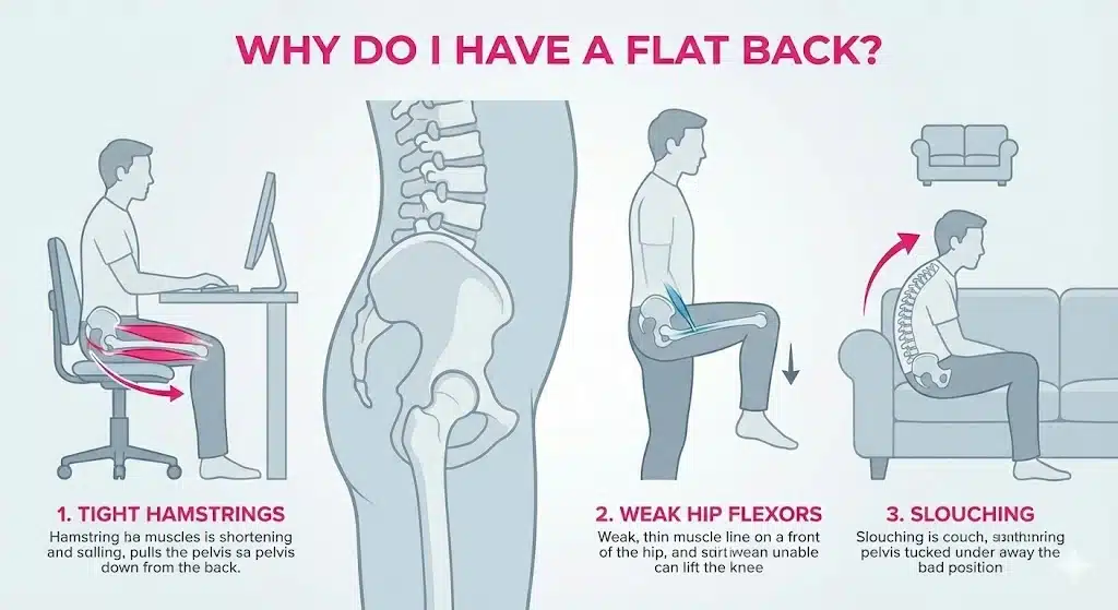 Infographic showing three corrective exercises for posterior pelvic tilt: 1. The Hamstring Stretch (lying on back with strap), 2. Seated Leg Lifts (strengthening hip flexors), and 3. The Cat-Cow (spinal motion for pelvic control), with step-by-step instructions for each.