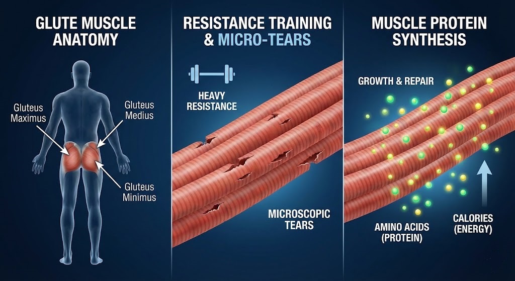 The Rule of Caloric Surplus: Eating to Grow
The most common mistake people make when trying to build their glutes is attempting to lose weight at the exact same time. Biologically, it is extremely difficult for the human body to build new muscle tissue while it is in a calorie deficit (burning more energy than you consume). To grow your glute muscles effectively, you must enter a nutritional state called a caloric surplus.

A caloric surplus simply means you are eating slightly more calories than your body burns during the day. This extra energy signals to your brain and metabolism that it is safe to build new, metabolically expensive muscle tissue. You do not need to eat thousands of extra calories, which often leads to unwanted belly fat. Instead, you should aim for a slight, controlled surplus of about 200 to 300 extra calories per day above your maintenance level. By keeping the surplus small and tracking your food intake, you ensure that the extra weight you gain goes directly toward repairing and growing your glute muscles.