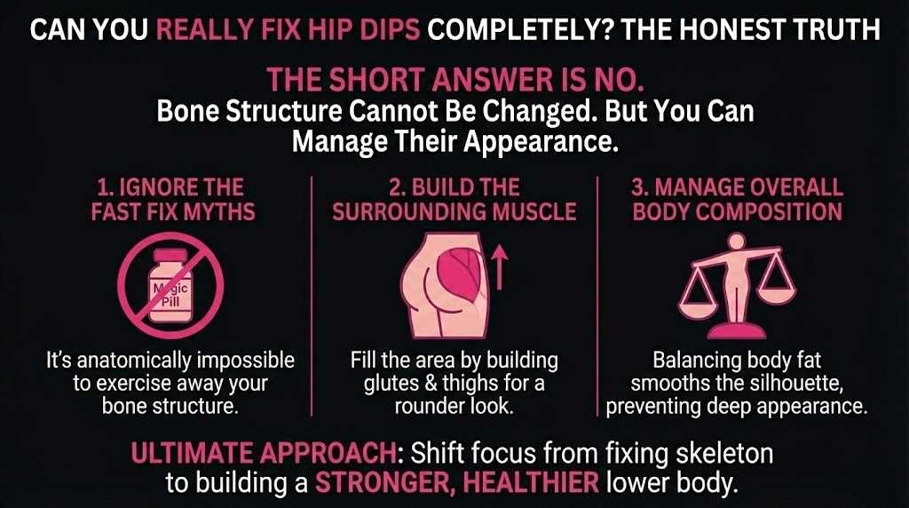 Infographic explaining that hip dips cannot be completely fixed due to bone structure, but their appearance can be managed by ignoring fast-fix myths, building surrounding glute muscles, and managing overall body composition.