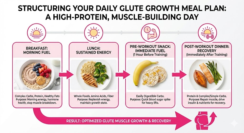 A visual guide to a daily glute growth meal plan, highlighting high-protein, muscle-building meals for breakfast, lunch, pre-workout, and post-workout recovery.