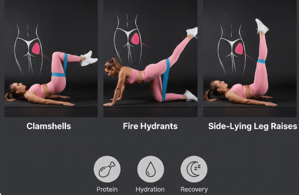 Infographic showing three gluteus medius exercises: Clamshells, Fire Hydrants, and Side-Lying Leg Raises to build side booty width and fill in hip dips.