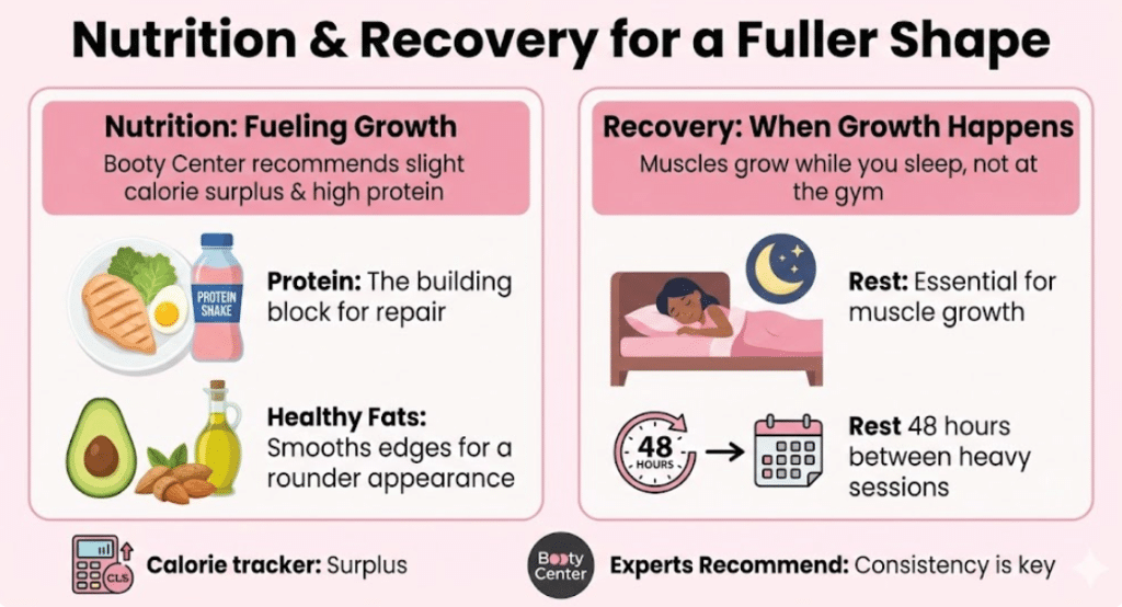 Nutrition & Recovery for a Fuller Shape" by Booty Center. The left panel, "Nutrition: Fueling Growth," recommends a calorie surplus and high protein for muscle repair, and healthy fats for a rounder appearance. The right panel, "Recovery: When Growth Happens," states muscles grow during sleep and advises 48 hours of rest between heavy sessions.