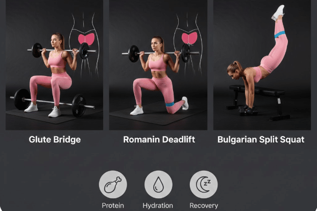 Fitness infographic demonstrating Glute Bridges, Romanian Deadlifts, and Bulgarian Split Squats to build gluteus maximus volume and create a lifted, rounded profile.